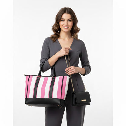 Tote Bag 2Pc Pink Stripes